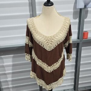 GeeGee Brown and Cream Embellished Crochet‎  Asymmetrical Tunic Size Small